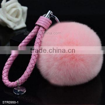 16colors In Stock PU Leather Alloy Charm Keychain Genuine Rabbit Fur Ball Keychain