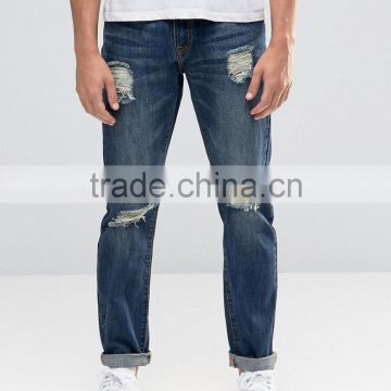 Washed ripped regular rise straight slim 100% cotton men jean trousers
