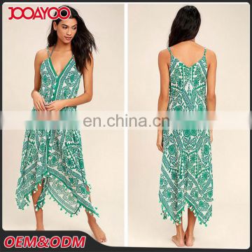 Summer new style deep v neck spaghetti strap dress green sheer chiffon woman dresses