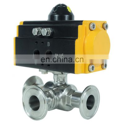 pneumatic actuator air control double control sanitary ss304 food grade tri clamp 3 way ball pneumatic valve