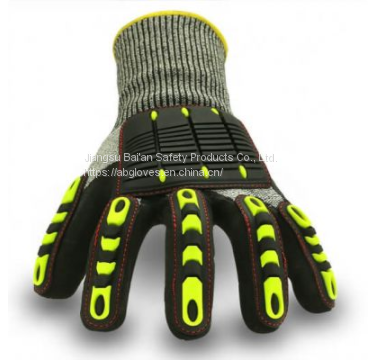 Oil and Gas Resistant Anti Impact & Cut  hi-vis HPPE Liner Nitrile Sandy Coated TPR high impact anti impact gloves impact resistant gloves