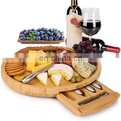 Custom high quality Eco Friendly Kitchen Round Wooden Knife Set Bamboo Cheese Board