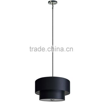 3 light chandelier(Lustre/La arana) in satin steel finish with simple black stealth dual fabric shade