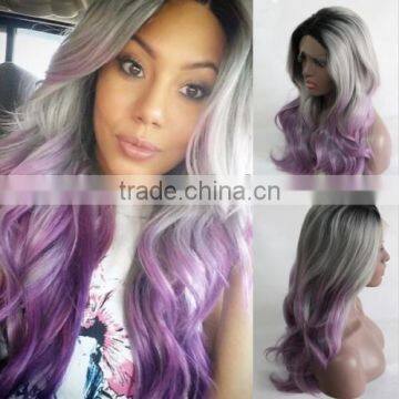 Heat resistant Lace front wig Synthetic Body wavy Ombre color 1B Gray Lavender