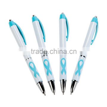 Personalized Souvenir Plastic Light Blue Awareness Ribbon Grip Pens Top Quality Cheap Retractable Ballpoint Pen with Rubber Grip