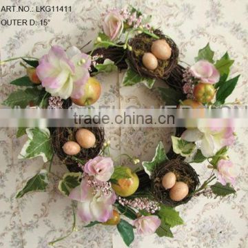 2014 Hot Sale 15" Artificial Polyster Rose with Eggs Easter Wreath