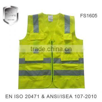 high visibility Fluorescent Yellow multi pockets reflective vest