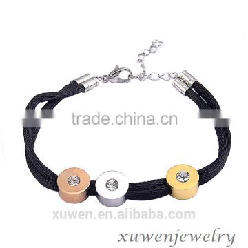 3 tone gold plated stainless steel charms waxed cotton cord bracelet