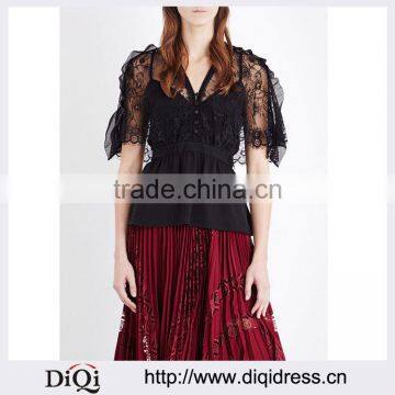 Wholesale Women V-neck Short Cape Sleeves Structured Grosgrain Waistband Lace and Crepe Top(DQE0189T)