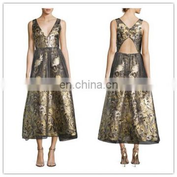 A-line Silhouette Gold Floral V-Neck Sleeveless Summer Cocktail Dresses