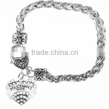 Genuine Austrian Clear Crystal Policeman's Wife Heart Charm Chain Link Bracelet