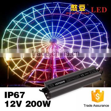 Waterproof 3 years warranty AC to DC 200W 12V led lighting power supply for LED decoration Lighting