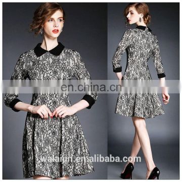 High quality black collar lace dress tee length long sleeve dress OEM