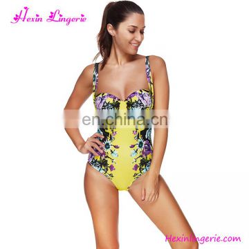 2017 Plus Size Power Flower Printed Yellow One Piece Swimwear Lady Summer Bikini