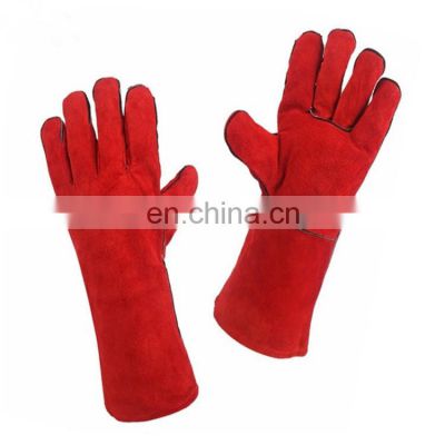 Leather Oven Gloves Out Door BBQ Mittens 14'' Long Cuff Welding Glove Red
