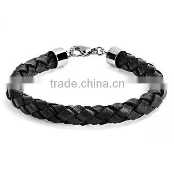 2016 popular high quality Stainless Steel and Black Braided Leather Men's Bracelet