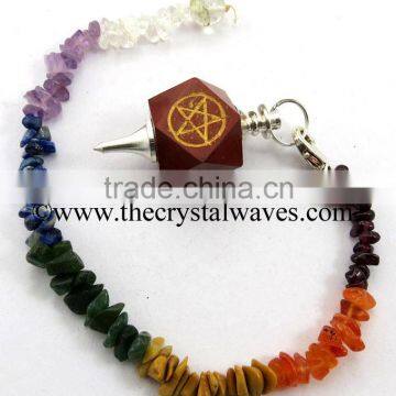 Red Jasper Pentacle Engraved Hexagonal Pendulum With Chakra Chips Chain