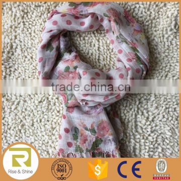 Wholesale 100% Linen woven pink dots flower printed fringed shawl scarf