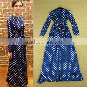 Stylish Name brands runway style 2014 hot selling long sleeve dot printed vintage long dress with belt for beautiful women