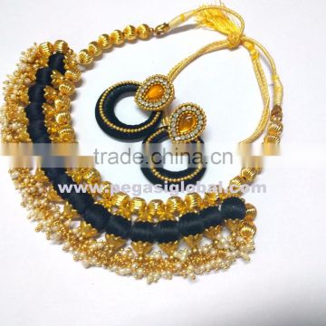 Stylish Black and Gold Necklace with matching earrings, Indian hand crafted Fashion Jewelry