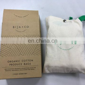 Reusable cotton kitchen storage bag drawstring produce bag