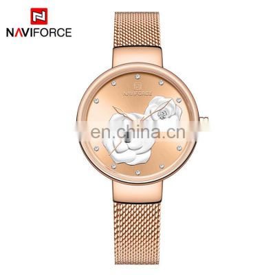 NAVIFORCE NF5013 Womens Luxury Watches Latest Model Ladies Flower Dial Stainless Steel Woman Quartz Watch
