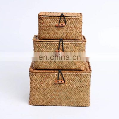 Hot Selling Hand woven straw basket with cover straw square basket house decor, Seagrass Box Wholesale For Gift