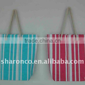 Candy strip paper straw fabric beach bag with handle