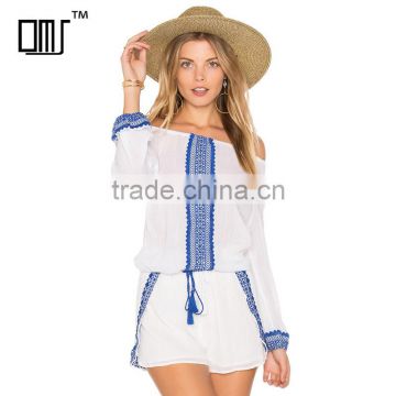 Crepe embroidered peasant blouse long sleeve off shoulder lady top