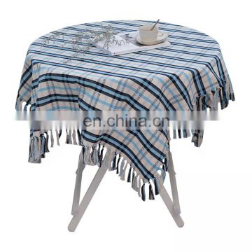 High quality home kitchen decor cotton and polyester fabric white blue checker dinner table cover tassels table cloth cotton