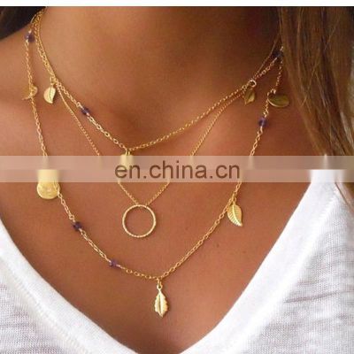 Silver Color chain leaves multi layer pendant necklace for women Collier femme fashion jewelry