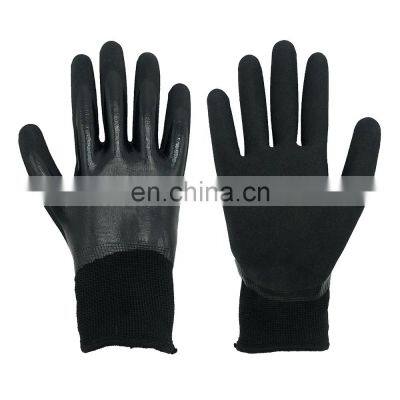 Waterproof Black Nitrile Gloves Work Safety Double rubber coated Fully latex dip Winter Fleece lined Outdoor Custom logo