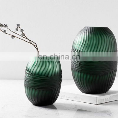 Nordic Cylindrical Corrugated Ripple Green Glass Flower Vase For Home Decor Decoration