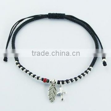 Leaf and Cross Silver Charms with Beads Macrame Bracelet