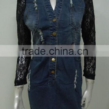 New arrival winter fashion high quality ladies denim dress,denim and lace dress wholesale China