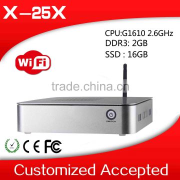 2014 lowpower no noise x86 mini pc x-25x G1610 2.6Ghz thin client 2g ram 16g ssd win7 office dual core pc