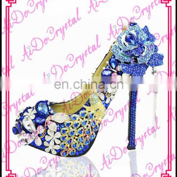 Aidocrystal famous brand blue Elegant rhinestone peacock wedding high heels fashion evening party high heels for ladies shoes