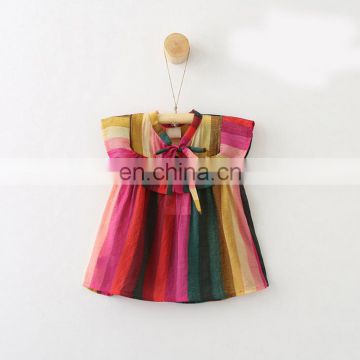 Fashion Kids Clothing Short Sleeve Bowknot Rainbow Stripe Ruffle Kids Girl Dress