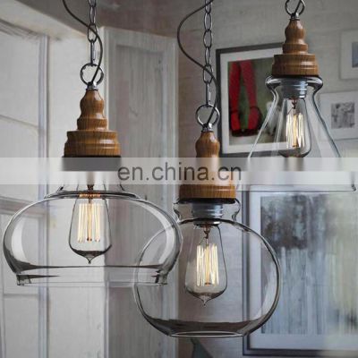 Vintage Wood Base Glass Pendant Light Iron Chain Design Pendant Lamp