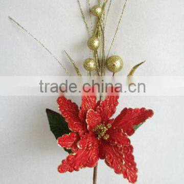 2013 Hot Sale Artificial Christmas Flowers 24" Artificial Velvet Red Poinsettia Spray