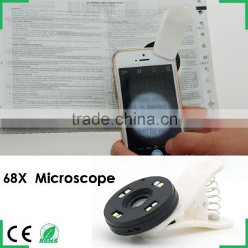 Universal Clip 68x zoom microscope macro lens for mobile phone with LED use for Jewelry,coins ,stamp and skin