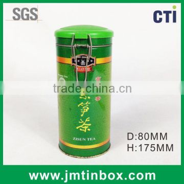 Fashion tea tin round airtight tea tin packaging with airtight plastic lid and metal clip