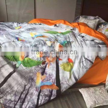 2016 new digital printed design colored birds and trees luxury satin Bedding set