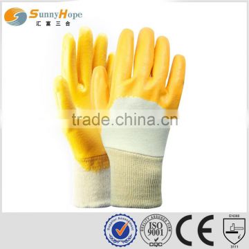 Sunnyhope yellow nitrile 3/4coated gloves for oil industrial