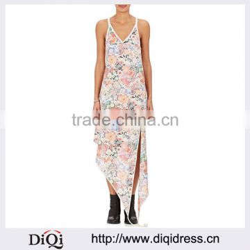 Customized Lady Apparel Front-slit V-neck Scalloped-lace Trim Floral Printed Dress(DQM019D)