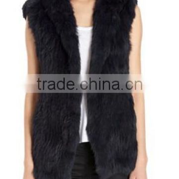 YR253 Latest Design Women Hooded Hand Knit Rabbit Fur Waistcoat
