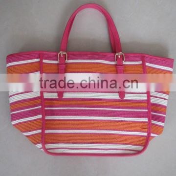 pink color striped patten paper straw beach bag