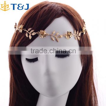 Fashion girls gold cute flower&leaves crystal hair chains elastic band hair accessories head chain