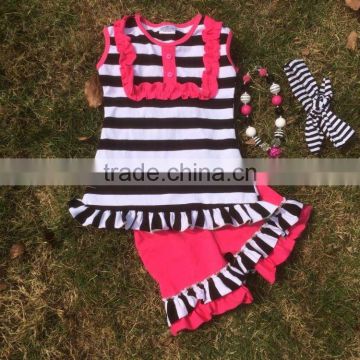 2016 new baby girls clothing kids black stripe summer ruffle shorts sets with matching necklace and bow