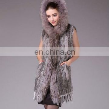 rabbit fur kintted cape long vest with raccoon collar /#00V31